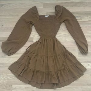 12th tribe, backless, western ruffle flare, tan brown long sleeve dress small